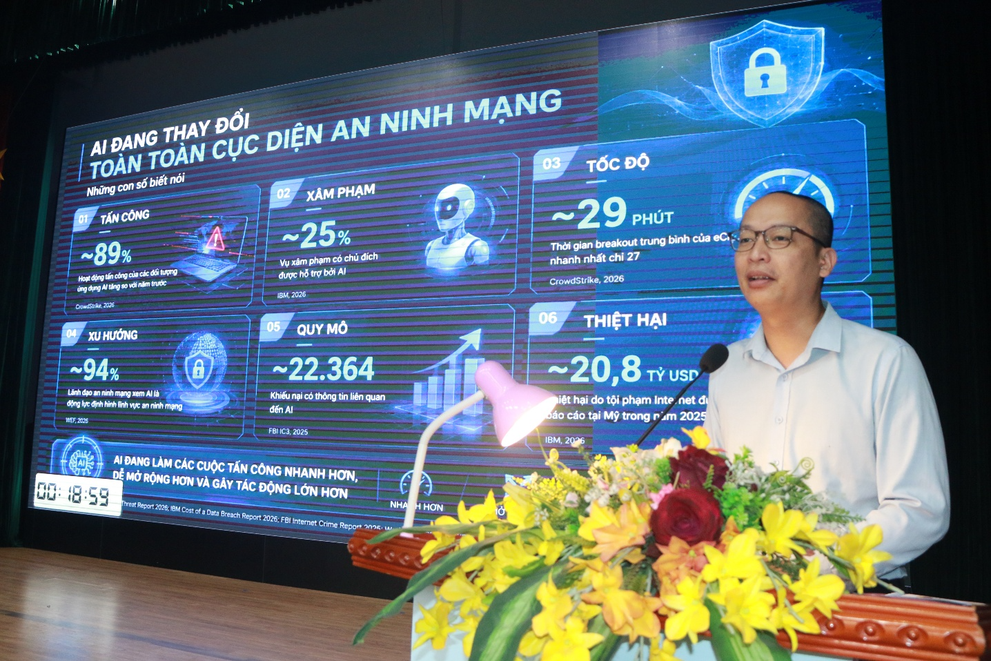 A person standing at a podium with a microphone Description automatically generated