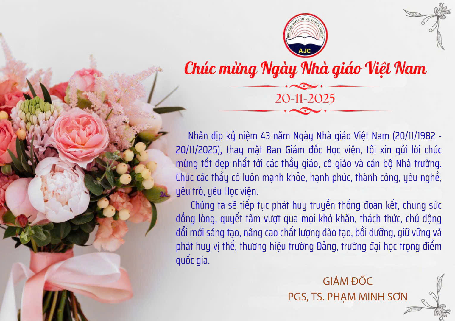 Thiệp chúc mừng Ngày Nhà giáo Việt Nam 20/11/2025 của Giám đốc Học viện Báo chí và Tuyên truyền