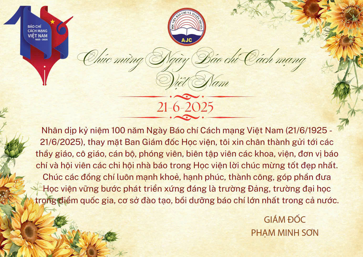 Giám đốc Học viện Báo chí và Tuyên truyền gửi thiệp chúc mừng Ngày Báo chí Cách mạng Việt Nam 21/6/2025