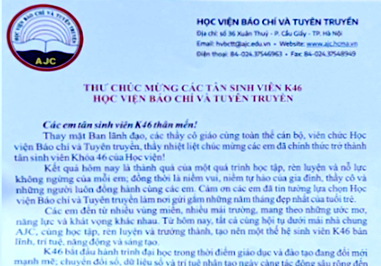 Giám đốc Học viện Báo chí và Tuyên truyền gửi thư chúc mừng tân sinh viên K46
