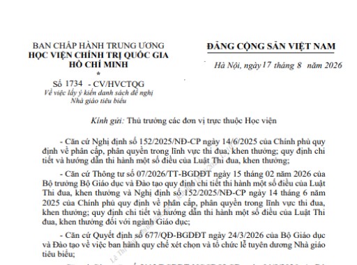 Công văn 1734-CV/HVCTQG về việc lấy ý kiến danh sách đề nghị Nhà giáo tiêu biểu