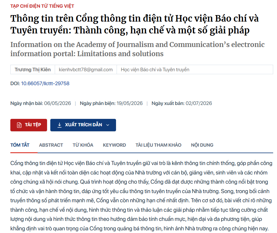 Thông tin trên Cổng thông tin điện tử Học viện Báo chí và Tuyên truyền: Thành công, hạn chế và một số giải pháp